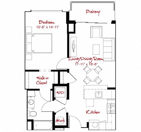 Floor plan for 1 bed, 1 bath, 697 sqft